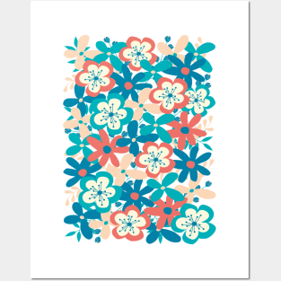 Funky Floral Garden Blue, Coral, Peach Posters and Art